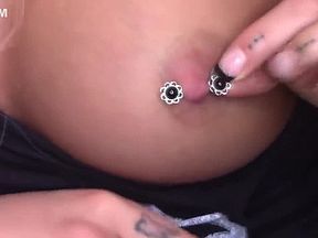 Girl show her Nipple Piercing Collection