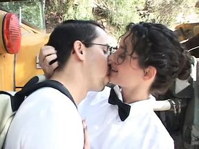 Teacher wraps her pretty lips around a young stud's hard cock then fucks