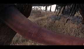 female dragonborn fights a giant