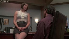 Horny brunette in lingerie gets fucked by her boss and eats his cum