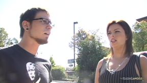 Since her car broke the brunette asks the stranger for help before feeling very naughty