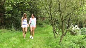 Kissing lesbians with erect nipples in outdoor fuck