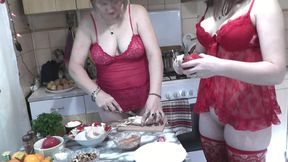 Two women. Adult mature MILF and teen virgin girl in red erotic lingerie without panties kiss on lips in kitchen. Old and young