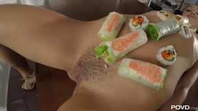 Alexis Tae serves rolls and sushi on her tight Latina body - POV