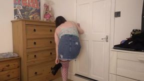 Striptease Denim miniskirt stockings and lace top