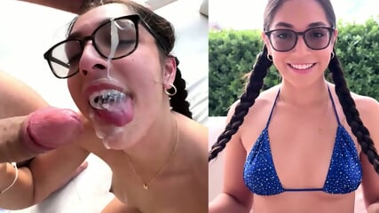 2 Cocks Shoot Cum All Over Her Glasses