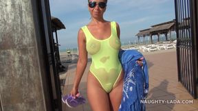 MILF exhibitionist - See through When Wet Bikini Swimsuit - Big natural tits