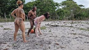 Outdoor interracial fuck with hot MILF during playing on a beach