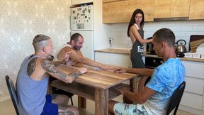 The wife seduced her husband and his friends - they had sex with her mouth and pussy - filling them with their cum