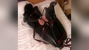 Self Bondage Gone Wrong :: Latex Domination: Bound and Fucked on Bed