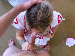 Kinky blonde with shaved copher gives blowjob in POV