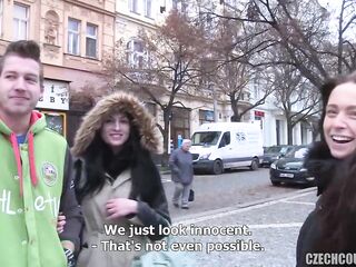 Czech brunette hair is having a casual three-some with allies in the midst of the day