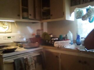 Lewd Housewife Cooking and Cleaning and Lifting Up Her Suit and Showing Off Belt (Cleavage Tease)