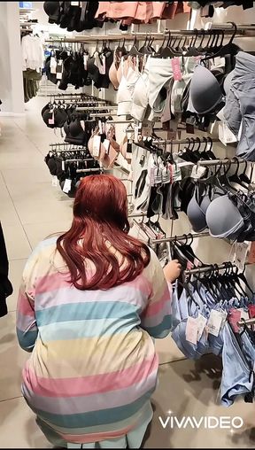 OUTDOOR RED HAIR BITCH walking with a PLUG and MASTURBATING in the DRESSING ROOM