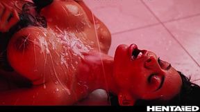 Hot brunette with a perfect body gets attacted by a horny tentacles and fucked in all of her holes and creampied