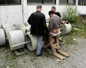 Chubby German woman enjoys giving blowjob's outdoors