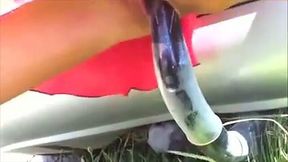 Serbian amateur nympho rides tow hitch outdoors for orgasm