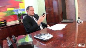 Hot brunette secretary teased and railed in her boss's office