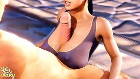 Big-titted lady licks and grinds on massive cartoon cock