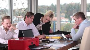 Busty blonde Brittany ended up gathering three guys from office in a gangbang